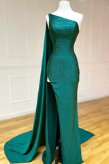 Party Dresses Outfits Ideas, Elegant One Shoulder Emerald Green Long Prom Dress With Shawl