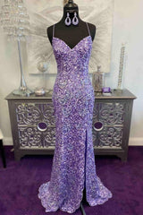 Party Dresses Design, Glitter Lavender Sequins Prom Dresses, Long Formal Dress With Slit