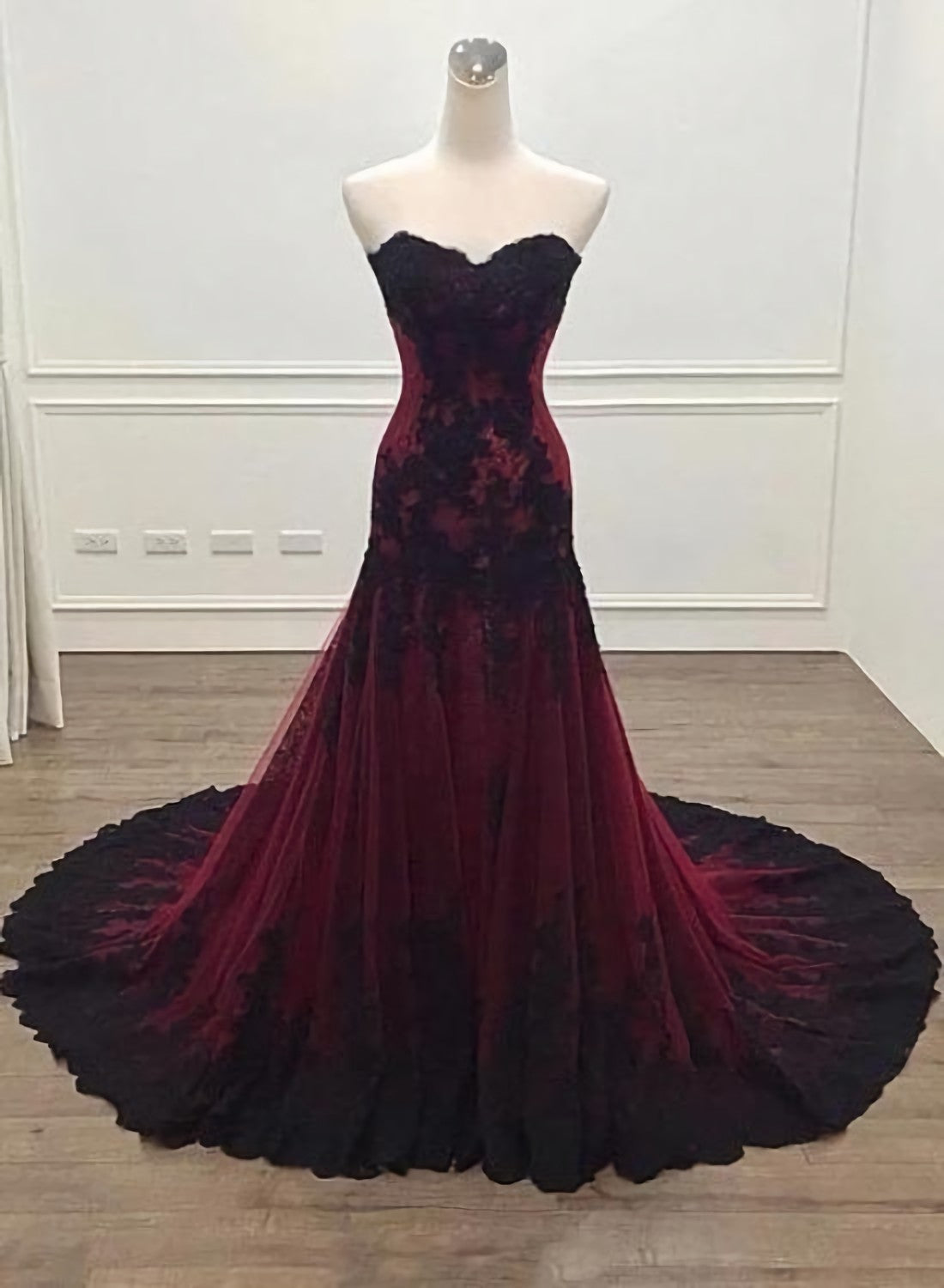 Party Dress Code, Black And Red Sweetheart Tulle With Lace Glam Evening Gown Party Dress, Long Formal Dress