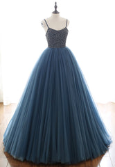 Formal Dress Long Elegant, Blue Tulle Long Prom Dresses, A-Line Evening Dresses with Beading