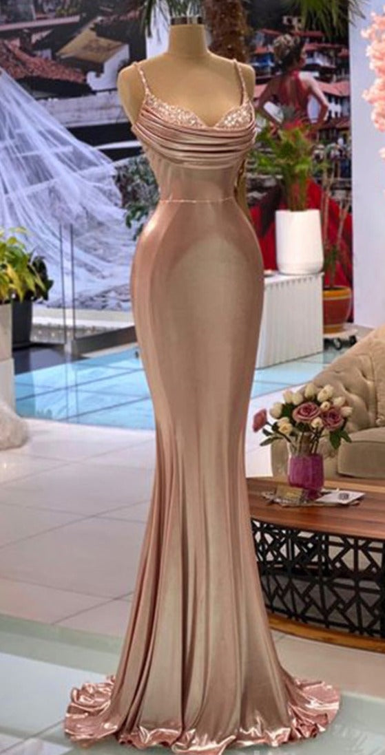 Prom Dress Red, Sexy Rose Gold Mermaid Spaghetti Straps Maxi Long Prom Dresses Online