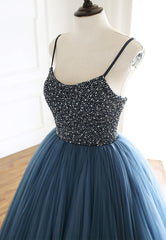 Formal Dress Vintage, Blue Tulle Long Prom Dresses, A-Line Evening Dresses with Beading