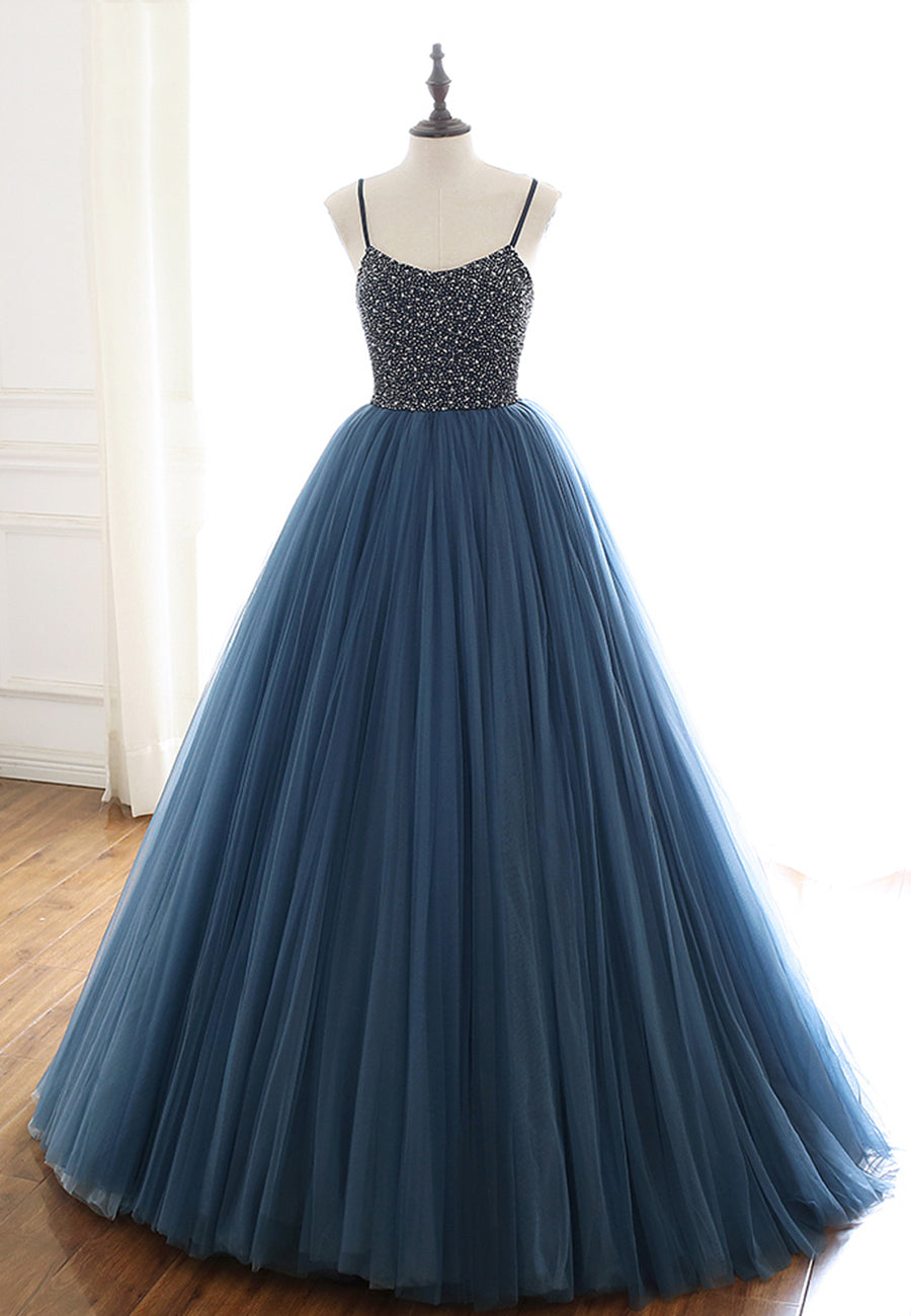 Formal Dress For Teen, Blue Tulle Long Prom Dresses, A-Line Evening Dresses with Beading