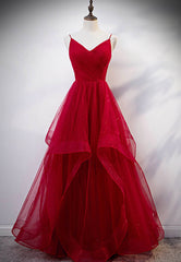 Party Dress Australia, Burgundy Tulle Long Prom Dresses, V-Neck Evening Dress