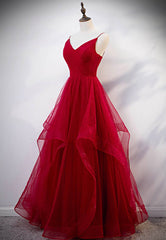 Party Dresses With Sleeves, Burgundy Tulle Long Prom Dresses, V-Neck Evening Dress