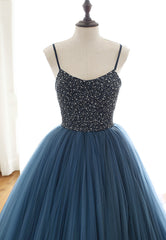Formal Dresses For Teen, Blue Tulle Long Prom Dresses, A-Line Evening Dresses with Beading