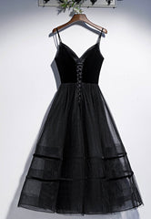 Homecomming Dress Vintage, Black Velvet Tulle Short Prom Dresses, A-Line Party Dresses