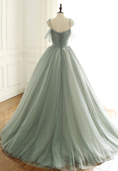 Prom Dress Long With Sleeves, Green Tulle Long Prom Dresses, A-Line Spaghetti Straps Evening Dresses