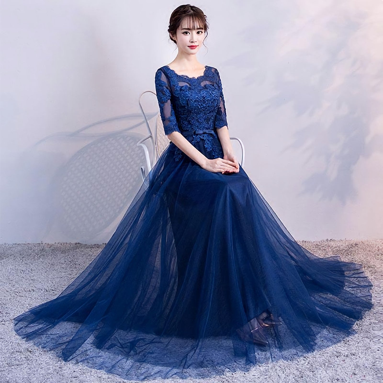 Bridesmaid Dresses Design, Blue Tulle Lace Long Prom Dress, Lace Evening Dress