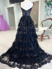 Prom Dress With Slits, A-Line Sweetheart Neck Tulle Sequin Black Long Prom Dress, Sequin Black Long Formal Evening Dress