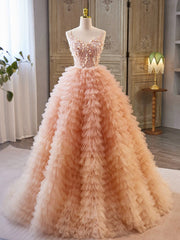 Evening Dresses For Ladies Over 67, Unique V Neck Tulle Sequin Orange Pink Long Prom Dress, Orange Pink Sweet 16 Dress