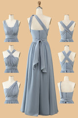 Evening Dresses For Ladies Over 56, Dusty Blue A-line Chiffon Long Convertible Bridesmaid Dress