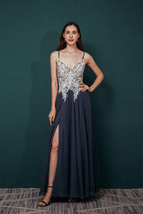 Design Dress Casual, A-line Spaghetti Straps Side Split Long Prom Dresses