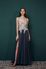 Modest Prom Dress, A-line Spaghetti Straps Side Split Long Prom Dresses
