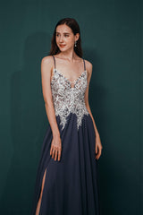 Off Shoulder Dress, A-line Spaghetti Straps Side Split Long Prom Dresses