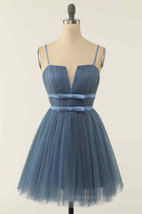 Wedding Guest, Dusty Blue A-line V Neck Pleated Double Bow Tie Sash Mini Homecoming Dress