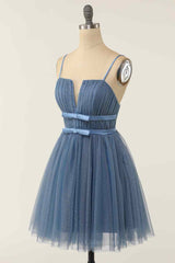 Sequin Dress, Dusty Blue A-line V Neck Pleated Double Bow Tie Sash Mini Homecoming Dress