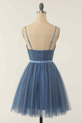 Wedding Pictures, Dusty Blue A-line V Neck Pleated Double Bow Tie Sash Mini Homecoming Dress