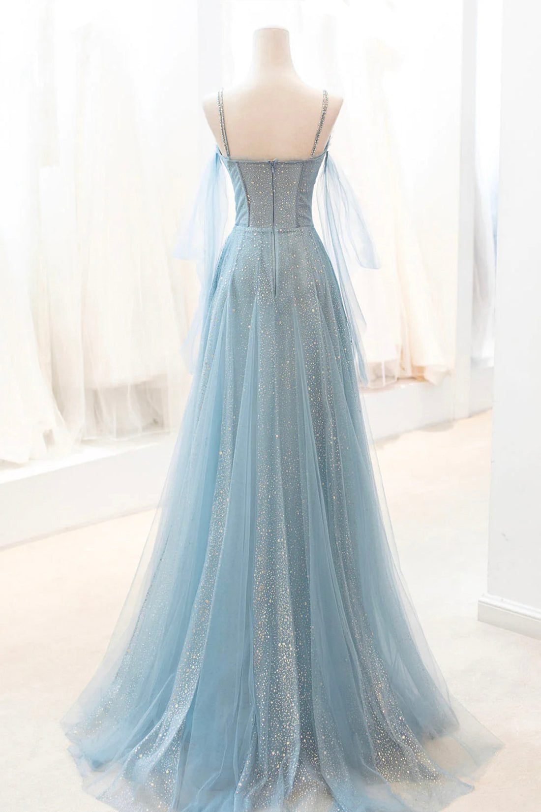 Prom Dress Outfit, Dusty Blue Sparkly Tulle Long Prom Dress, A-Line Spaghetti Strap Evening Dress