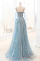 Prom Dress Outfit, Dusty Blue Sparkly Tulle Long Prom Dress, A-Line Spaghetti Strap Evening Dress