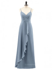 Party Dress Satin, Dusty Blue Straps A-line Ruffles Long Bridesmaid Dress