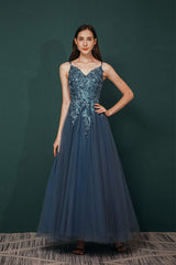 Sparklie Dress, Dusty Blue Tulle A-line Low back Spaghetti strap Prom Dresses