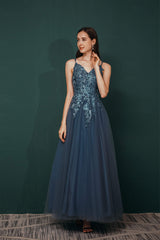 Party Dress Halter Neck, Dusty Blue Tulle A-line Low back Spaghetti strap Prom Dresses