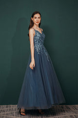 Party Dresses Halter Neck, Dusty Blue Tulle A-line Low back Spaghetti strap Prom Dresses