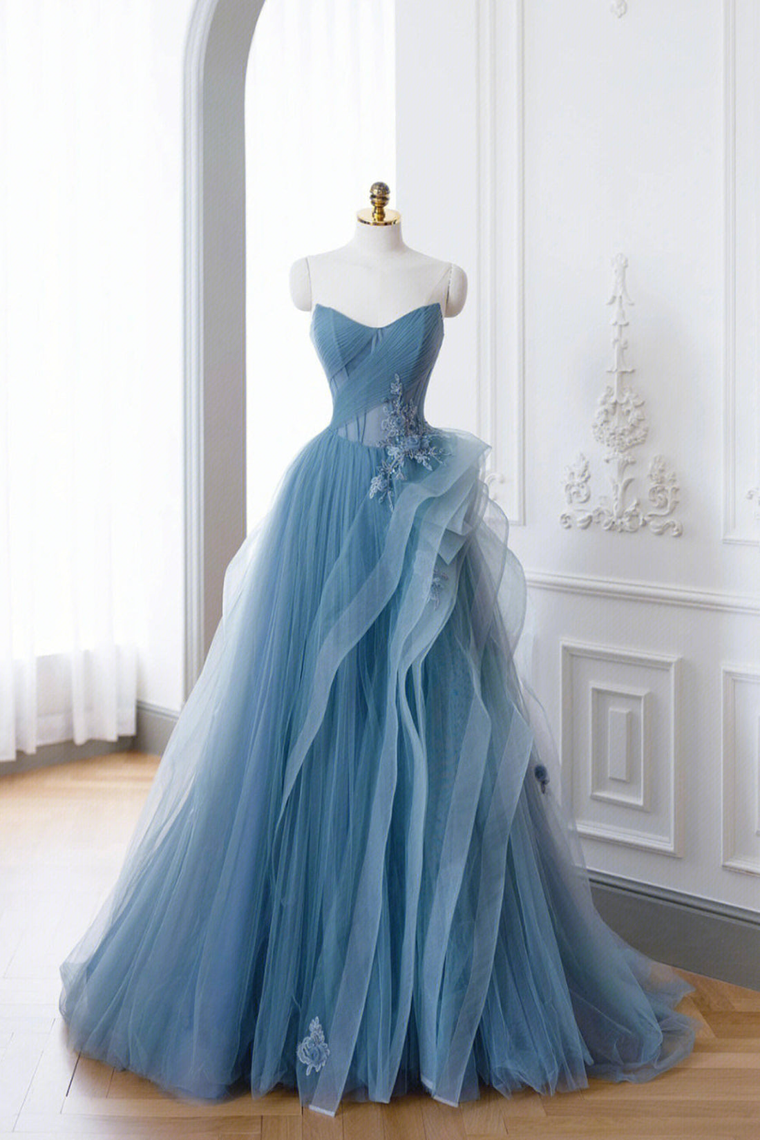 Prom Dress 2022, Dusty Blue Tulle Floor Length Prom Dresses, Blue Off the Shoulder Removable Sleeve Evening Dress
