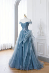 Prom Dress Near Me, Dusty Blue Tulle Floor Length Prom Dresses, Blue Off the Shoulder Removable Sleeve Evening Dress
