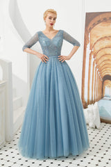 Prom Dress With Shorts, Dusty Blue V-Neck Half-Sleeve Prom Dresses Long With Beadings Lace-up