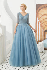 Prom Dresses With Short, Dusty Blue V-Neck Half-Sleeve Prom Dresses Long With Beadings Lace-up