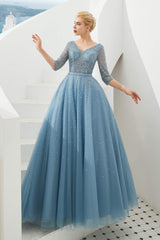 Prom Dresses With Shorts, Dusty Blue V-Neck Half-Sleeve Prom Dresses Long With Beadings Lace-up