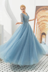 Prom Dresses For Adults, Dusty Blue V-Neck Half-Sleeve Prom Dresses Long With Beadings Lace-up