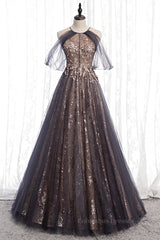 Prom Dresses For Brunettes, Dusty Brown Bow Tie Beaded Appliques Off-the-Shoulder Maxi Formal Dress
