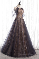 Prom Dress Fitted, Dusty Brown Bow Tie Beaded Appliques Off-the-Shoulder Maxi Formal Dress