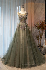 Formal Dress Boutique, Dusty Green A-line Beaded-Embroidered Illusion Neck Long Formal Dress