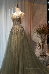 Formal Dresses Winter, Dusty Green A-line Beaded-Embroidered Illusion Neck Long Formal Dress