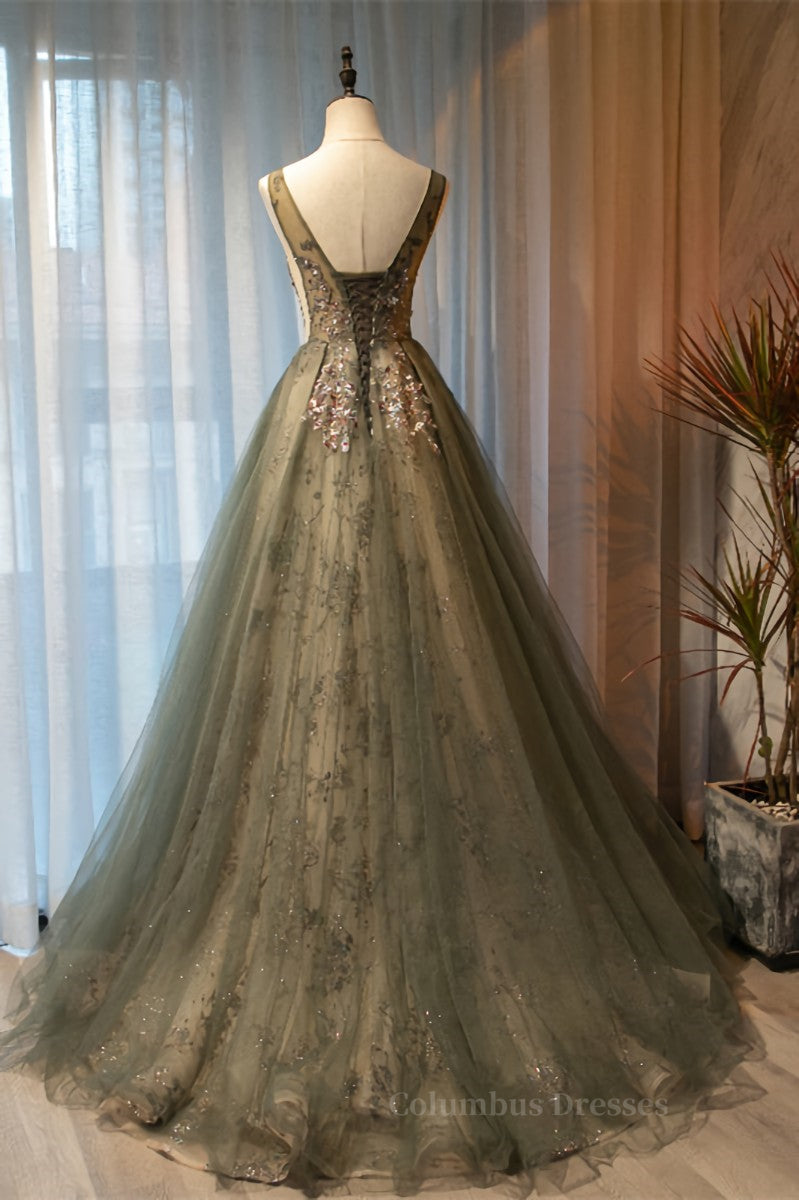 Formal Dress Winter, Dusty Green A-line Beaded-Embroidered Illusion Neck Long Formal Dress
