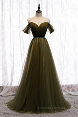 Prom Dress Long Elegent, Dusty Green Off-the-Shoulder Pleated Maxi Formal Dress with Beaded Sash