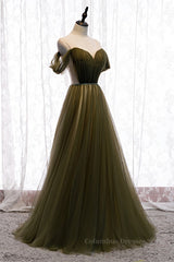 Prom Dress Long Elegant, Dusty Green Off-the-Shoulder Pleated Maxi Formal Dress with Beaded Sash