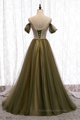 Prom Dresses Silk, Dusty Green Off-the-Shoulder Pleated Maxi Formal Dress with Beaded Sash
