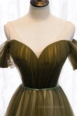 Prom Dress Pieces, Dusty Green Off-the-Shoulder Pleated Maxi Formal Dress with Beaded Sash