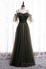 Prom Dresses Princesses, Dusty Green Off-the-Shoulder Straps Pleated Ruffle Maxi Formal Dress