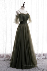 Prom Dresse Princess, Dusty Green Off-the-Shoulder Straps Pleated Ruffle Maxi Formal Dress