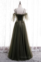 Prom Dress Princess, Dusty Green Off-the-Shoulder Straps Pleated Ruffle Maxi Formal Dress