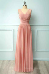 Bridesmaids Dresses Blush, Dusty Pink A-line Illusion Lace Neck Pleated Chiffon Long Bridesmaid Dress