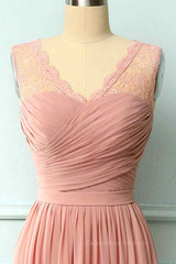 Bridesmaids Dress Champagne, Dusty Pink A-line Illusion Lace Neck Pleated Chiffon Long Bridesmaid Dress