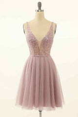 Ranch Dress, Dusty Pink A-line V Neck Sequins Tulle Mini Homecoming Dress