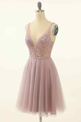 Lace Dress, Dusty Pink A-line V Neck Sequins Tulle Mini Homecoming Dress